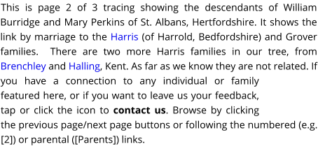 This is page 2 of 3 tracing showing the descendants of William Burridge and Mary Perkins of St. Albans, Hertfordshire. It shows the link by marriage to the Harris (of Harrold, Bedfordshire) and Grover families.  There are two more Harris families in our tree, from Brenchley and Halling, Kent. As far as we know they are not related. If you have a connection to any individual or family featured here, or if you want to leave us your feedback, tap or click the icon to contact us. Browse by clicking the previous page/next page buttons or following the numbered (e.g. [2]) or parental ([Parents]) links.