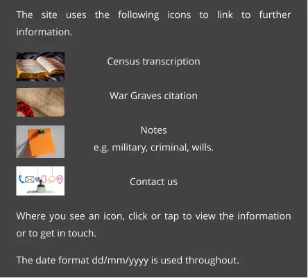 The site uses the following icons to link to further information.  Census transcription  War Graves citation  Notes e.g. military, criminal, wills.  Contact us  Where you see an icon, click or tap to view the information or to get in touch.  The date format dd/mm/yyyy is used throughout.